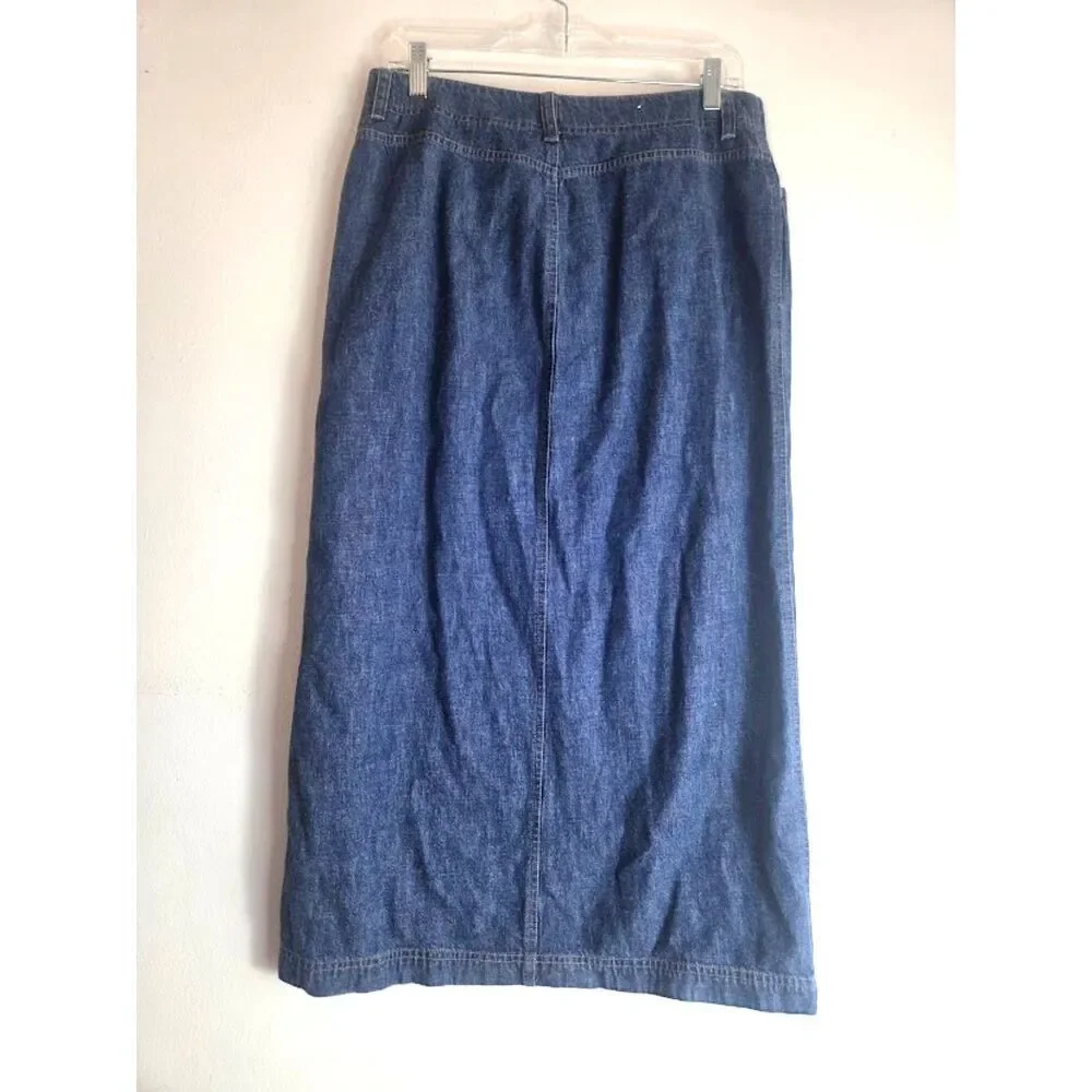 Jones New York Blue Denim 100% Cotton Button Front Pencil Midi Skirt size 10